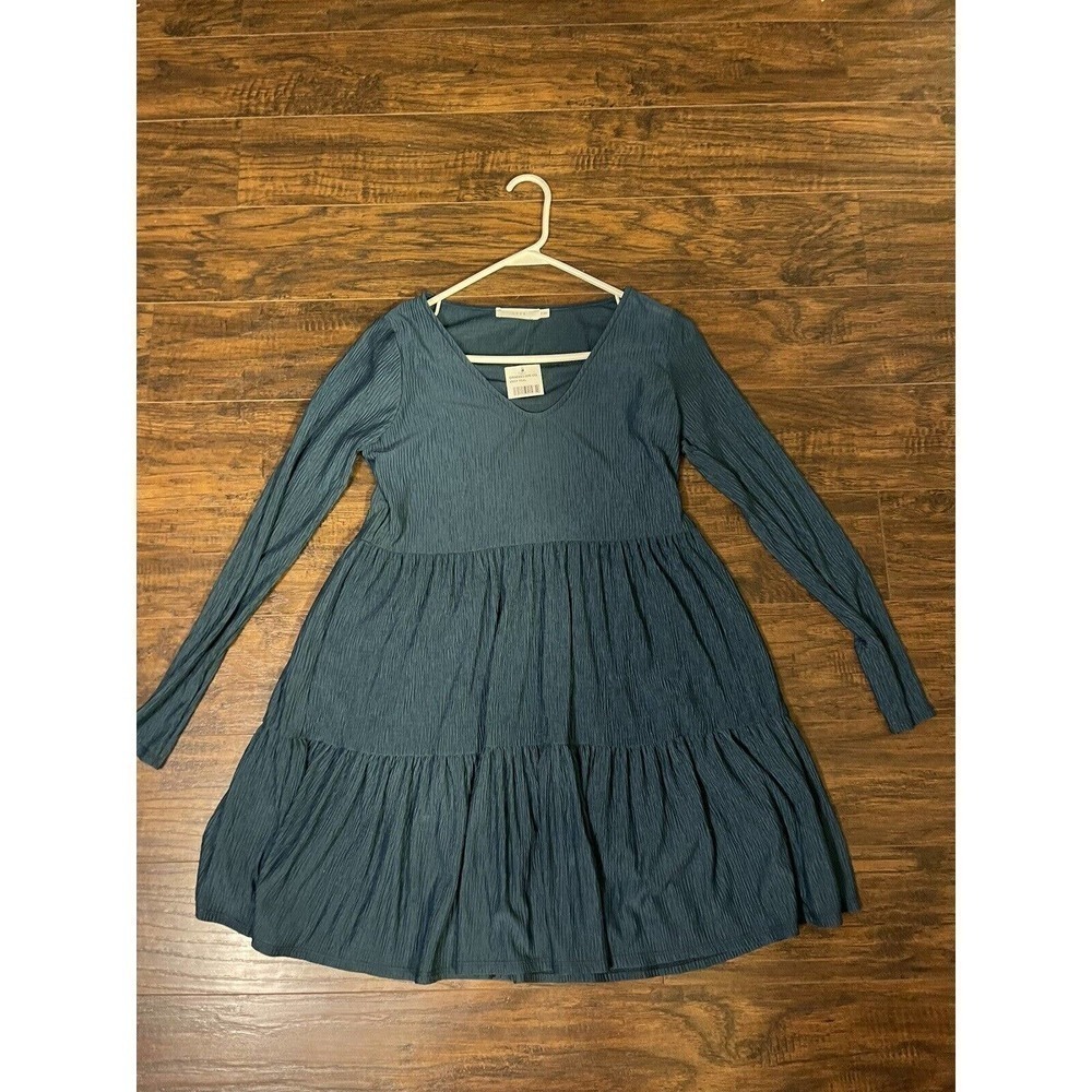 Lush V Neck Crepe Shift Dress Size S Long Sleeve Teal Peacock Boho New
